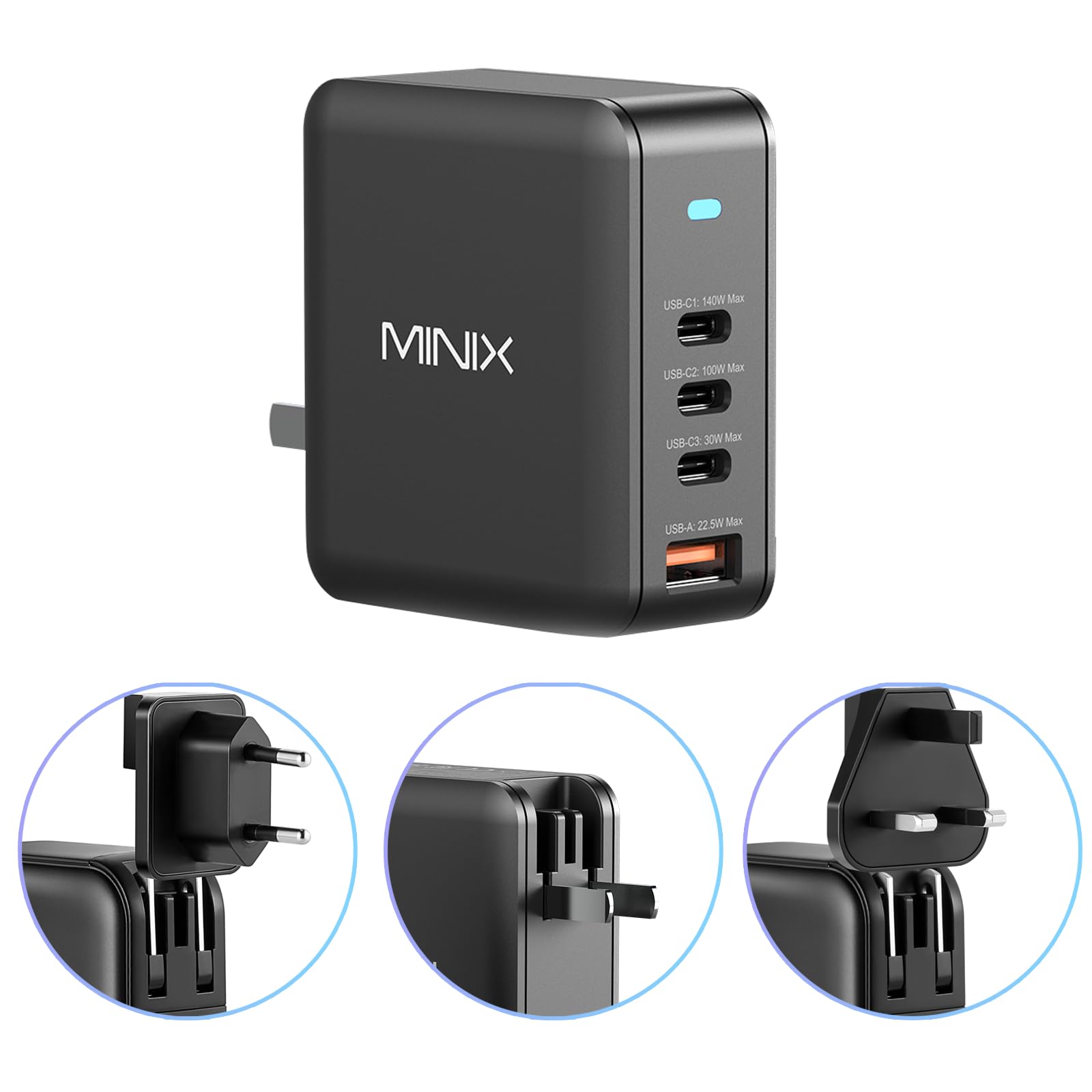 MINIX 165W USB C Charger, GaN II Charger PD3.1 Max 140W,Turbo 4-Port GaN Wall Charger, Fast Charging Station, Compatible with MacBook Pro/iPad/iPhone15 14 13 Pro Max/Steam Deck/Galaxy S24 Ultra