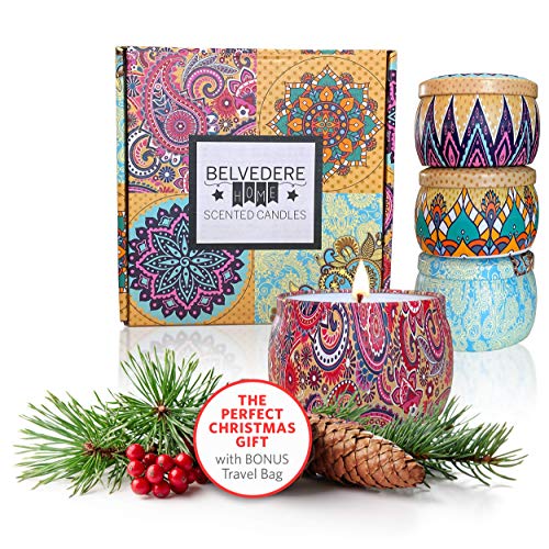 Belvedere Home Natural Scented Soy Candles, Decorative Set of 4, Relaxing Aromatherapy in Lavender, Rose, Ocean, and Orange