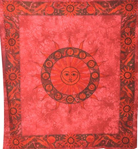 Divya Print Indian Handmade Ethnic Tapestry hippie 100% Cotton Sun Moon Astrology Mandala Tapestry Bohemian Psychedelic Zodiac Mandala Wall hanging Bedding Tapestry Queen Red 90”X84” Inch Approx