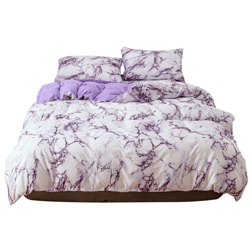 TOPINCN 3Pcs/Set Bedding Set, Bedding Sheet Polyester Fiber Marble Pattern Pillowcase and Quilt Cover Comfortable Bed Set Eu-Double Size(Purple)