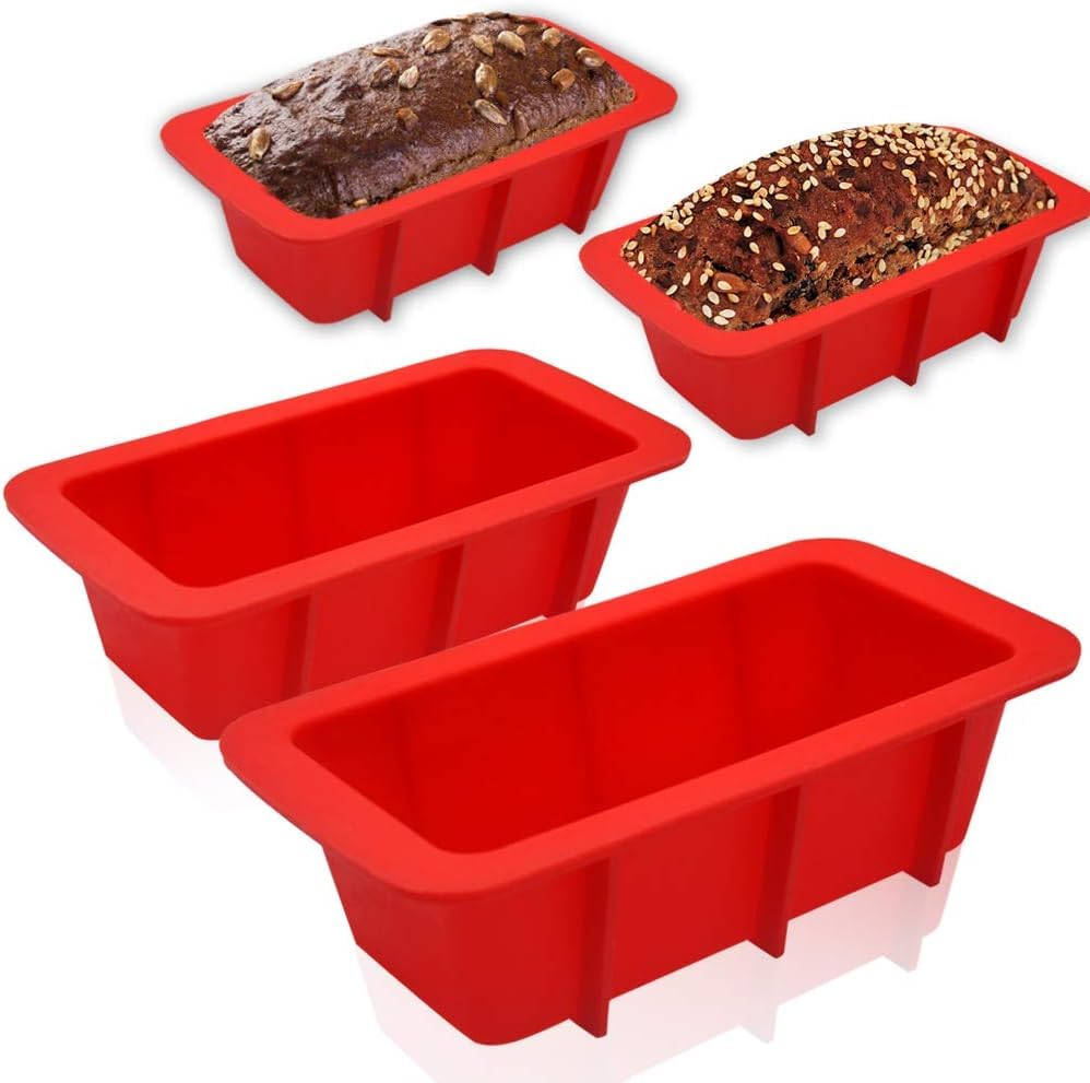 Walfos Mini Silicone Loaf Pan Set - 4 Pieces Non-Stick Silicone Bread Loaf Pan, Just Pop Out ! Perfect for Bread, Cake, Brownies, Meatloaf, Dishwasher Safe