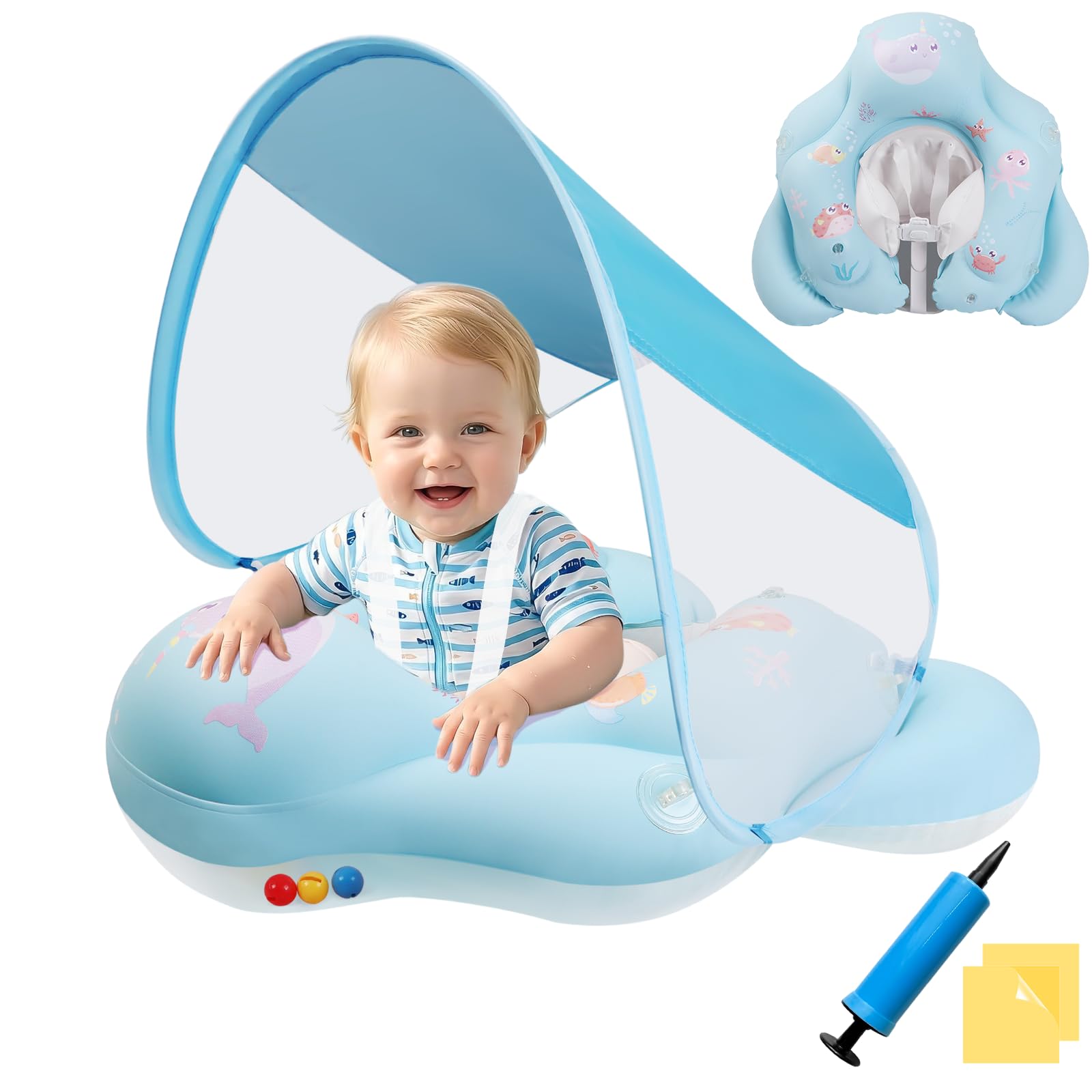 Baby Float with Canopy Ninonly Baby Swimming Float with Canopy UPF50+ Detachable and Adjustable Shoulder Straps, Anti-Tip Design, Toddler Pool Float 1-3Years Ideal For Pool, Beach Solid Blue