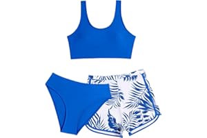 COZYEASE Girls' 3 Piece Swimsuit Tropical Print Bikini Bathing Suit with Shorts