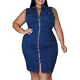Sexyshine Women's Sleeveless Full Zipper Bodycon Denim Dress Lapel V Neck Plus Size Tank Top Jeans Mini Dresses