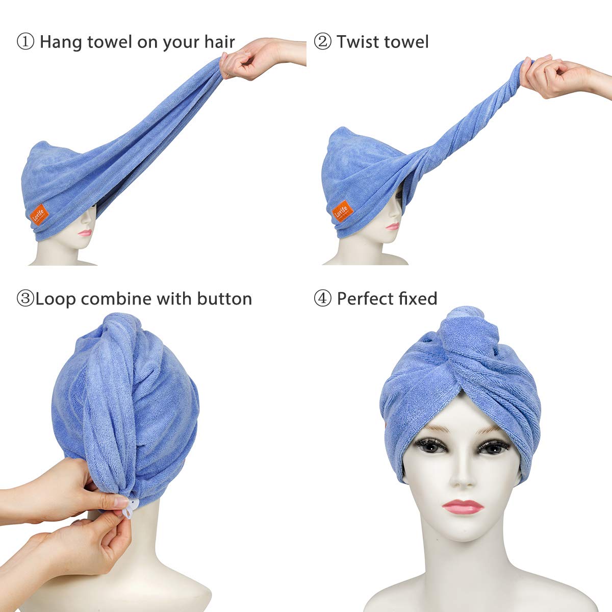 Lovife Microfiber Hair Towel Wrap 2 Pack Quick Drying Towels Hair Drying Turban Towel with Button Absorbent Cap for Long & Curly Hair Anti-Frizz