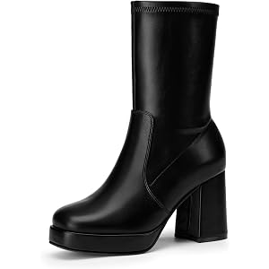 Athlefit Women's Platform Mid Calf Boots Stretch Chunky Block Heel Boots | 3.25-Inch Heel Platform Boots, Patent&PU Leather,