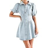 AMRSPENG Denim Dress for Women Puff Sleeve Slim Fit Jean Dresses for Women 2023 Summer Casual