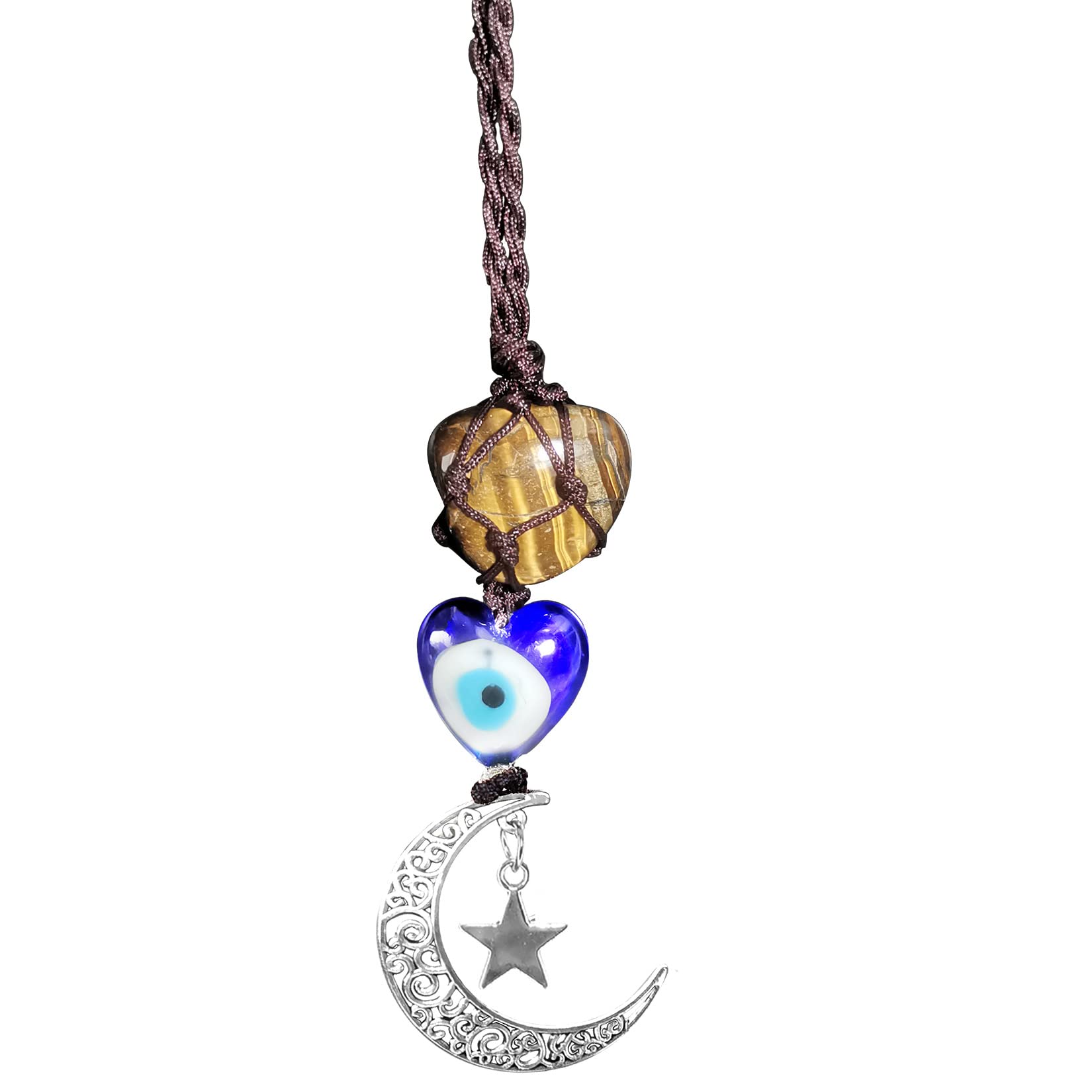Peili Blue Evil Eye Healing Crystal Stone Car Hanging Accessories Charm Decor Ornaments with Moon and Star (Tiger Eye Stone-blue evil eyes)