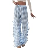 codcm Womens Gingham Striped Wide Leg Pants Y2k Lounge Pants Lace Up Loose Trousers