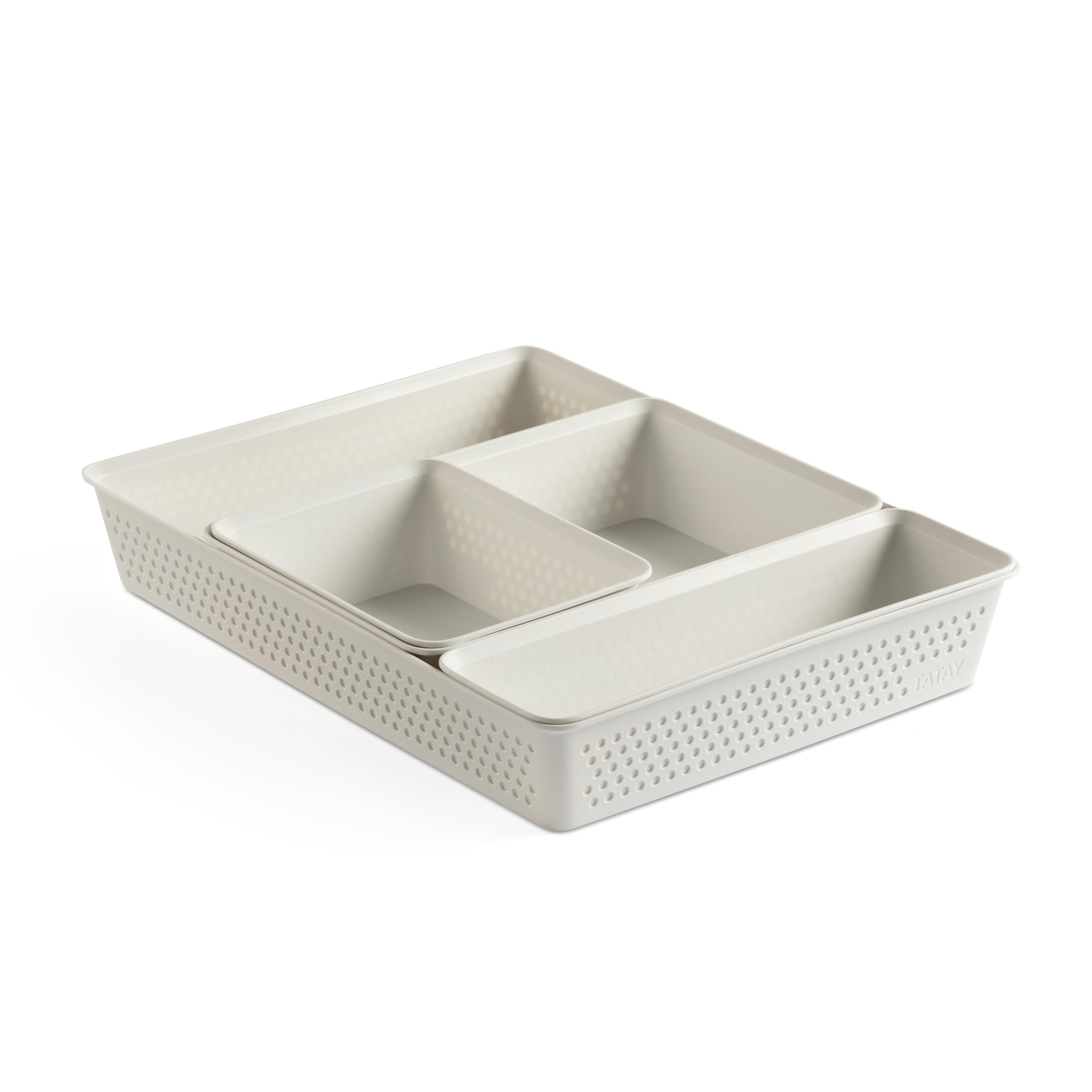 TATAY Plastic Storage Baskets Bohol | Set of 4: A6 + A5 + A4 + Slim | Drawer Organisers | Minimalist Functional Design | Home & Office Organisation | Recycled BPA-Free Plastic, White