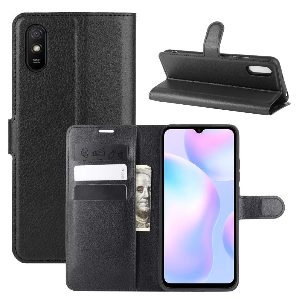 ROVLAK Case for Xiaomi Redmi 9A Wallet Flip Cover with Card Slot Shockproof Lichee Pattern PU Leather Case+Inner TPU Silicone Case with Kickstand Cover for Xiaomi Redmi 9A Smartphone,Black