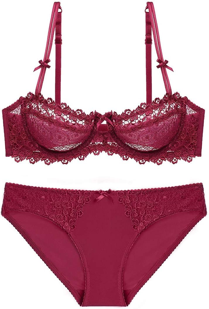 Women Sheer Lace Bra and Panty Set Underwire Push Up Soft Lingerie Set
