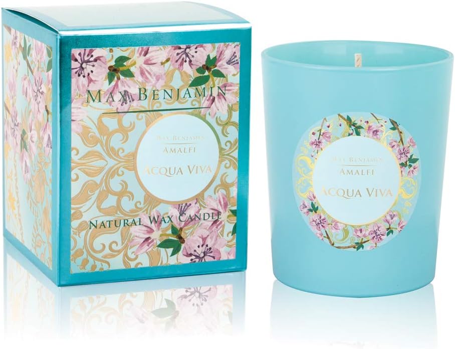 Max Benjamin Amalfi Acqua Viva Scented Glass Candle in Gift Box, Aqua, 7.5 x 7.5 x 9.2 cm