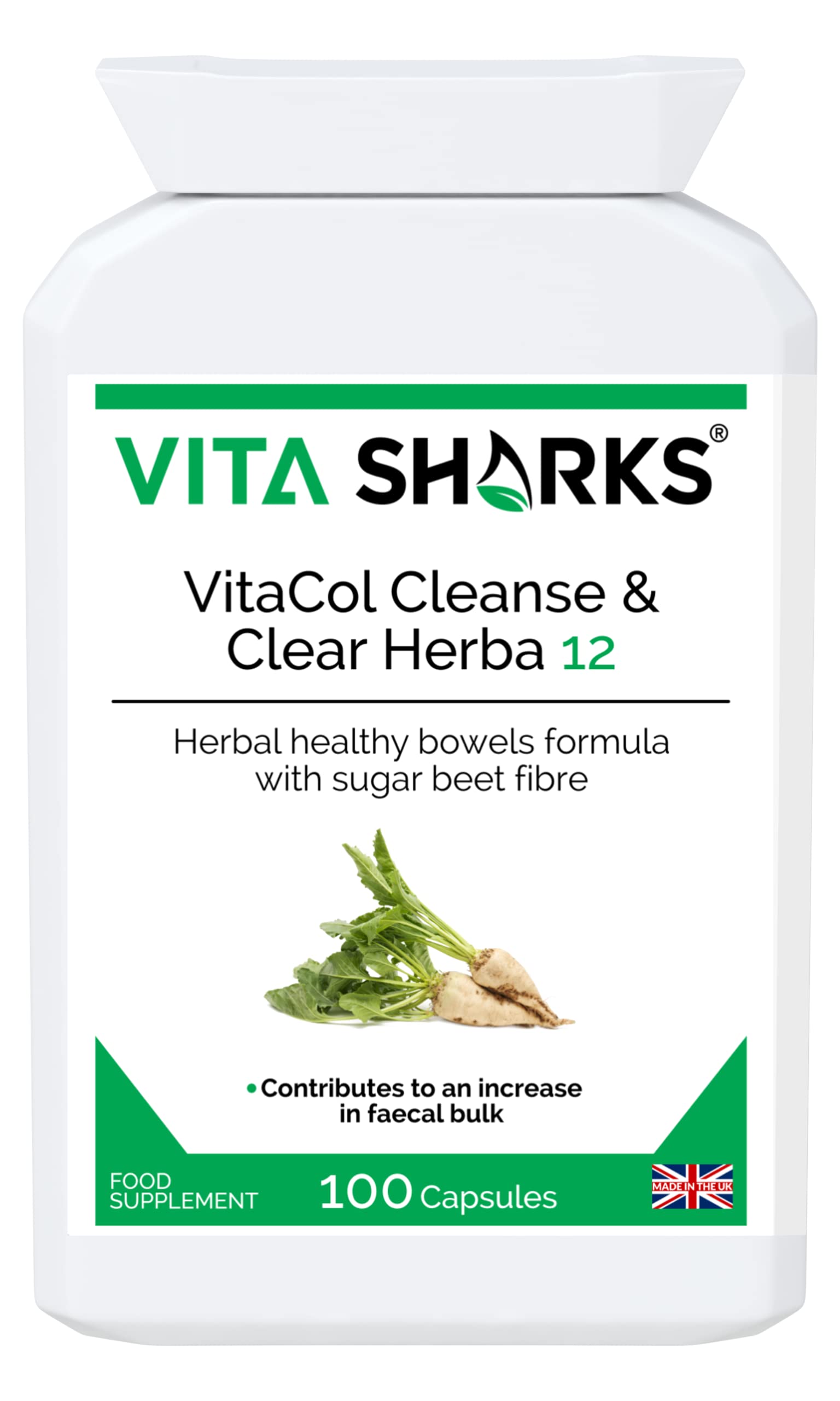 VitaCol Cleanse & Clear Herba 12 - Fibre Enriched Vegetarian Herbal Colon Cleansing Formula. Increase Faecal Bulk with 12+ Kosher Herbal Ingredients