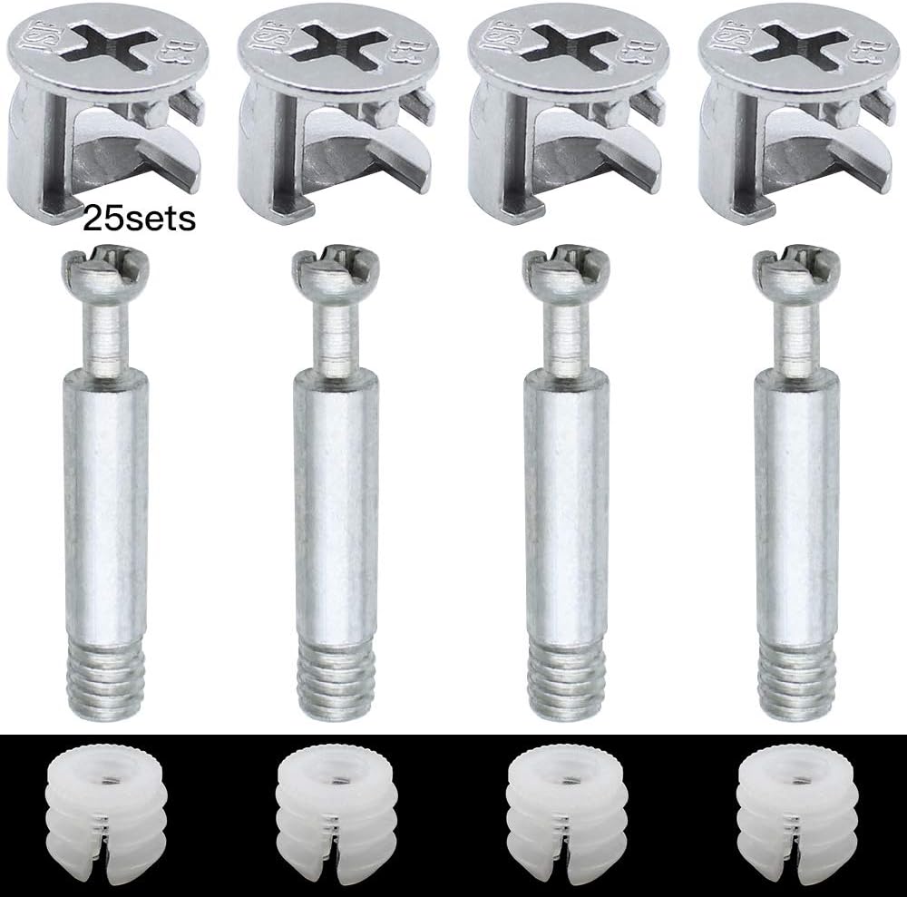 DXLing 25 Sets of Furniture Connection Fitting diameter 14.5mm Screw Eccentric Cam Lock Fittings 34.5mm Connecting Rod Bolts and Plastic Expansion Nuts for Flat Pack Furniture Cabinet Locking Connecting