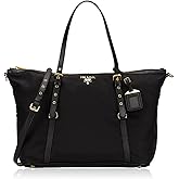 Prada Tessuto Nylon & Saffiano Leather Black Top Zip Tote Bag Gold-Tone Hardware Adjustable Strap Interior Zip and Slip Pockets New