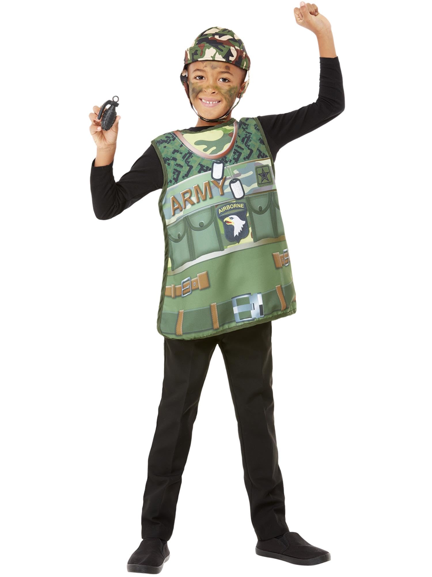 Smiffys Army Kit Tabard, Hat & Grenade, Boys Fancy Dress, Army Dress Up Accessories