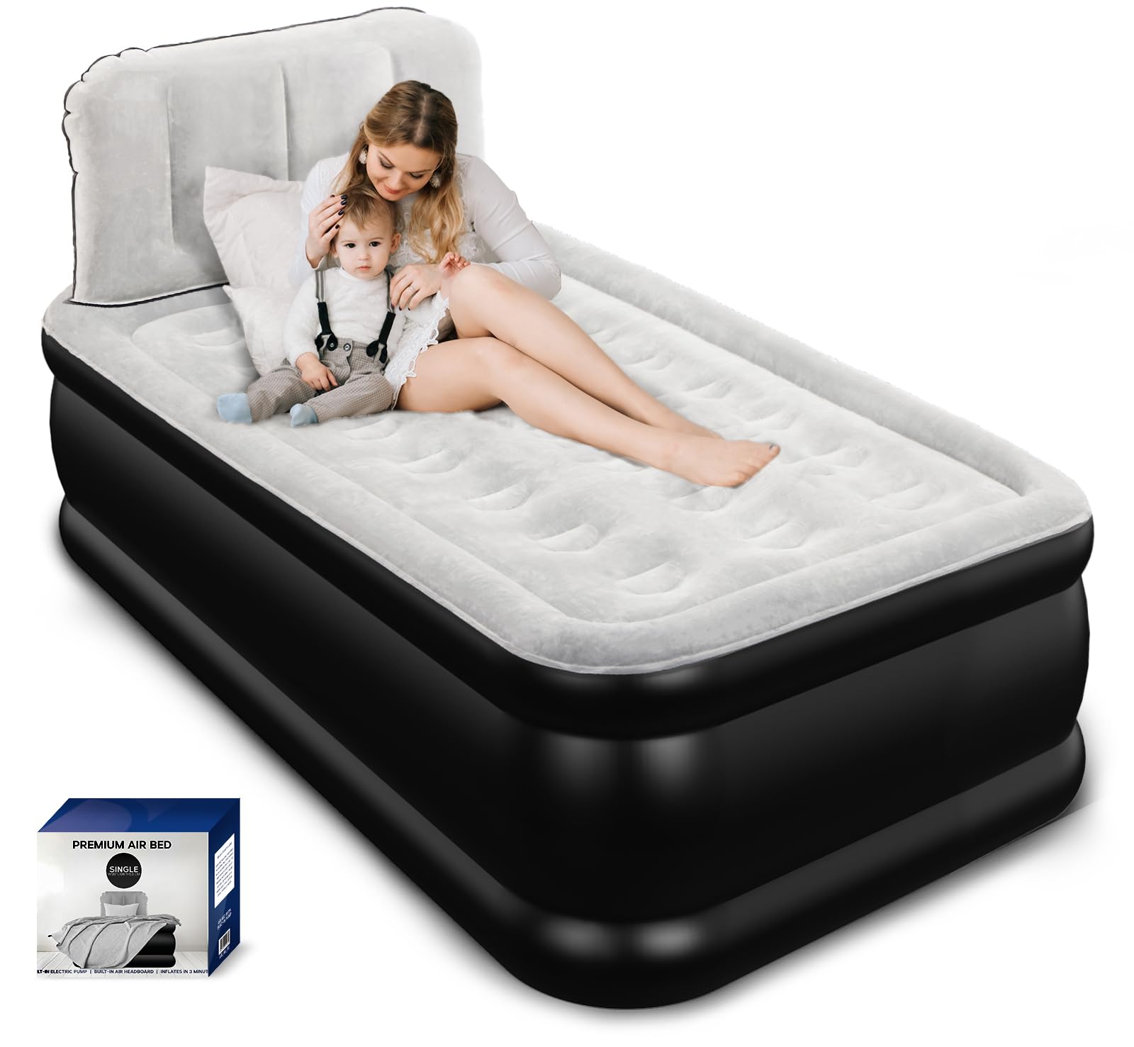 Photo 1 of Twin Air Mattress with Headboard, Built-in Pump, 600 lbs Heavy-Duty Support, 48-Hour Leak-Tested PVC, 19" Raised Comfort Design, 2.5 Min Fast Inflation, Inflatable Mattress for Home, Guests & Camping