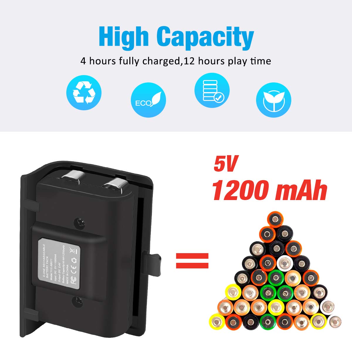 Xbox One Battery Pack, Y Team 2x1200mAH Xbox One Rechargeable Batteries with 4FT 2 in 1 Micro USB Cable, Perfect Xbox Play and Charge Kit for Xbox One/One S/One X/Elite Wireless Controller