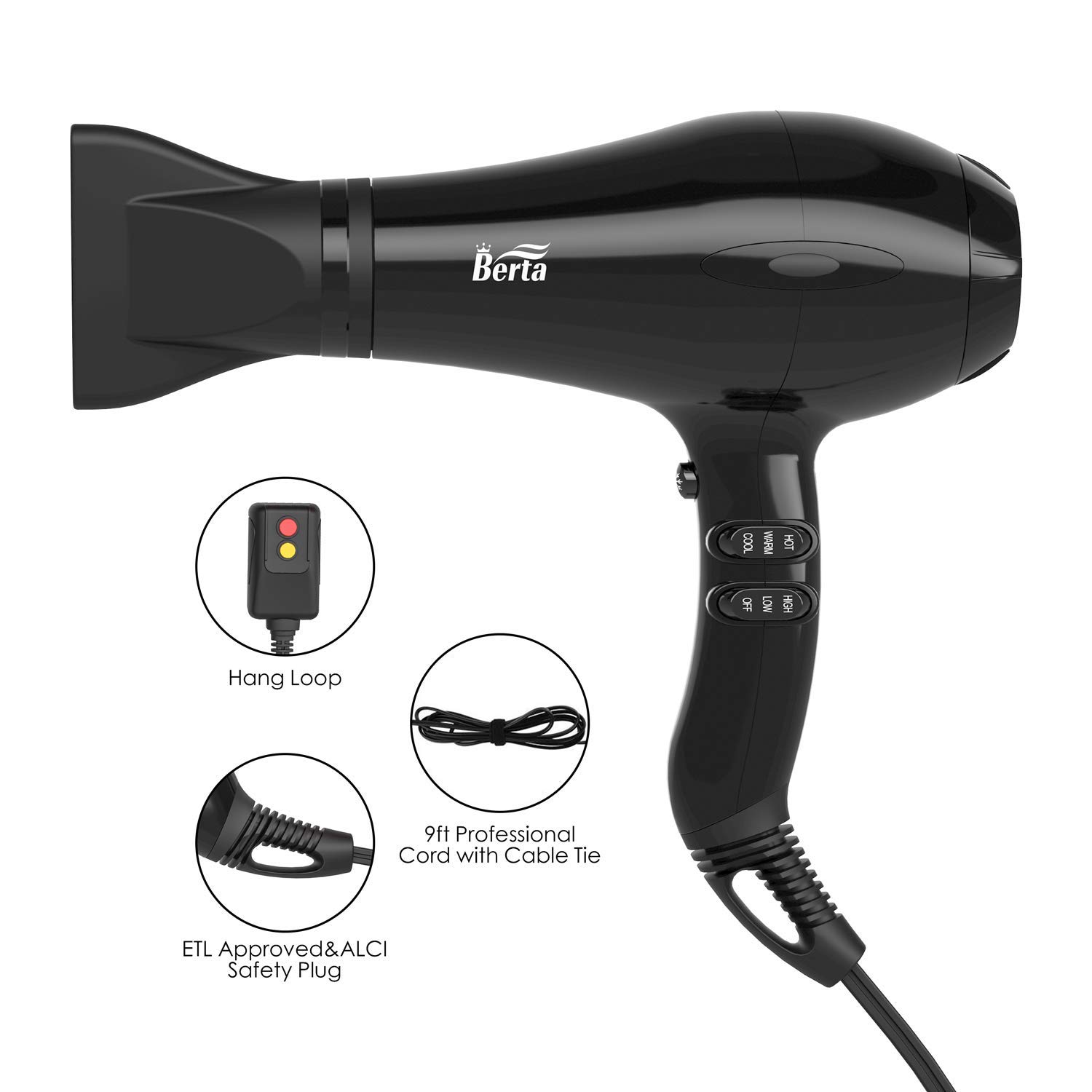 Berta Hair Dryer, Professional Ionic Salon Hair Dryer, Powerful 1875 watt Ceramic Tourmaline Blow Dryer, Quiet Hair dryer with Diffuser & 2 Concentrator Nozzle & Comb Attachments - Black