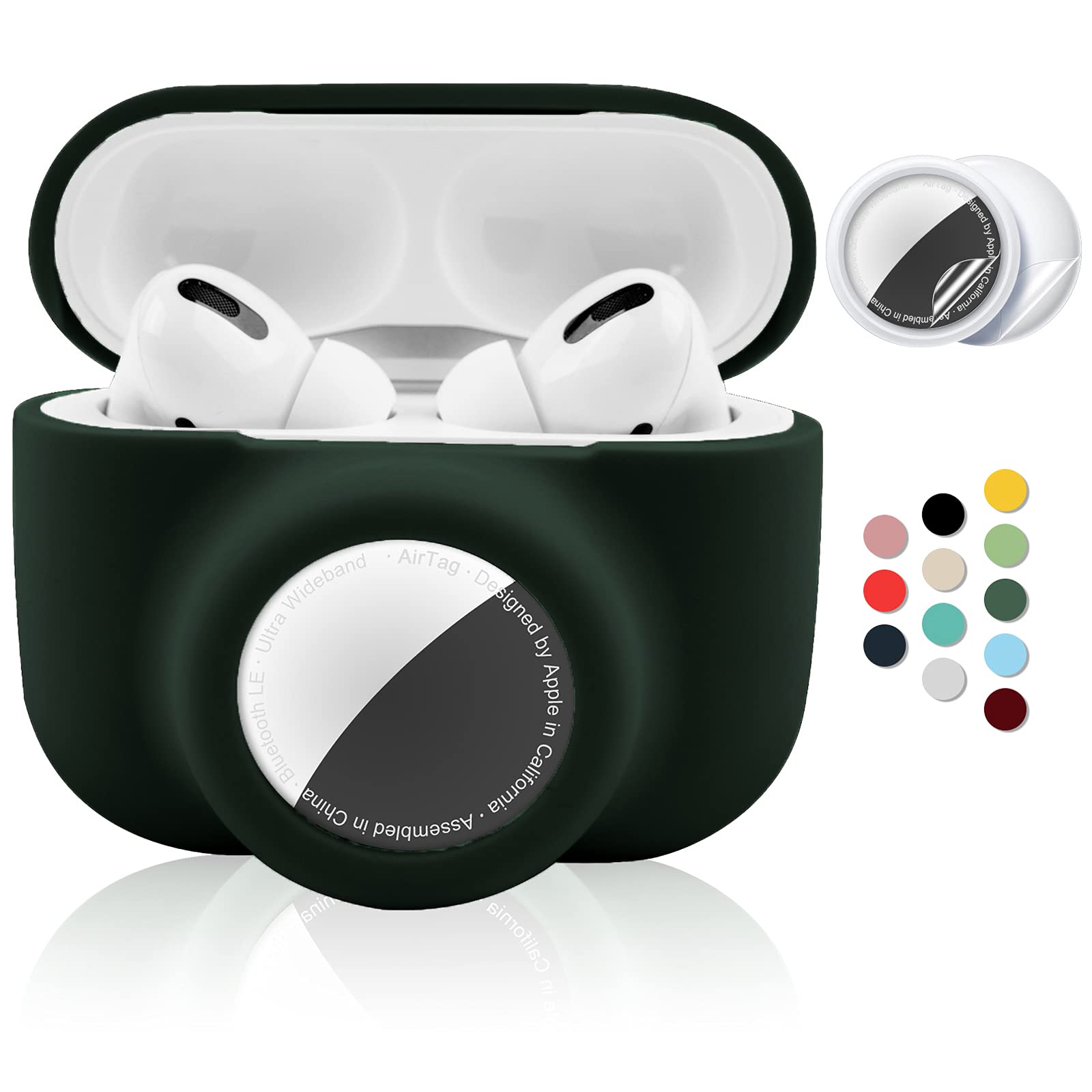 Photo 1 of 2 in 1 Protective Case For Apple AirPods Pro Air Tag Holder Combo, Soft Silicone Airpods Pro AirTag Case with 2 PCS Screen Protector, Anti-Scratch Anti-Fall Anti-Lost Shockproof Durable(BlackishGreen)