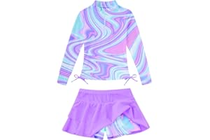 Vogseek 5-12T Girls Rash Guard 2 Pieces Bathing Suit Long Sleeve Swimsuit Swimming Skirt with Shorts Swimwear