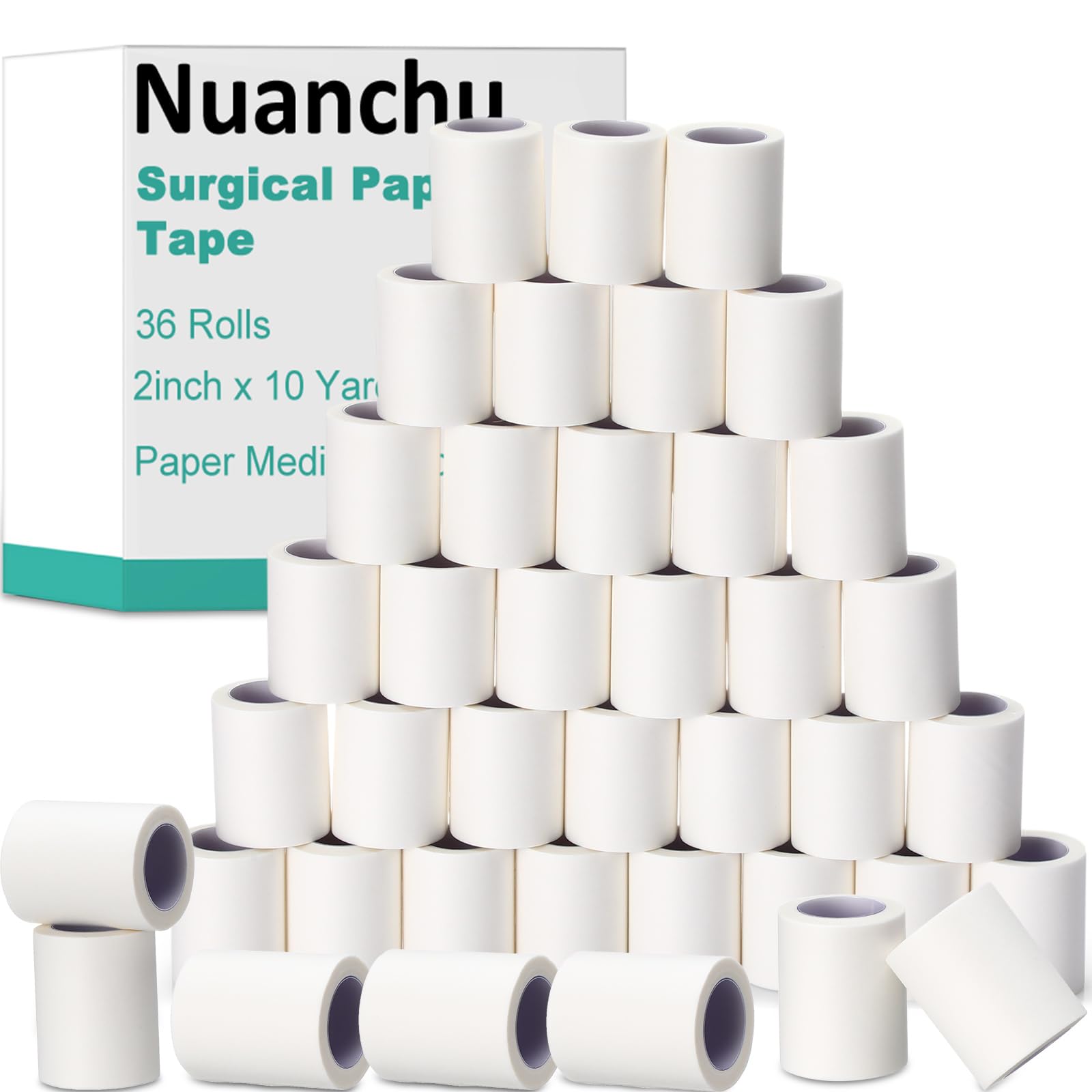 Photo 1 of Nuanchu 36 Rolls Paper Surgical Tape 2 Inch x 10 Yards Medical Tape Suitable for Sensitive Skin Breathable First Aid Adhesive Surgical Ideal for Securing Gauze and Dressings Bandage(White)