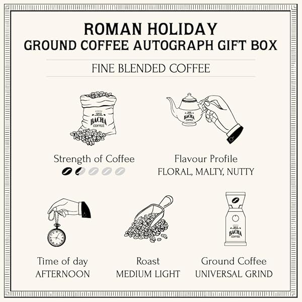 BACHA COFFEE | ROMAN HOLIDAY FINE BLENDED, GROUND BEANS, MEDIUM LIGHT ROAST, 100% ARABICA SPECIALTY COFFEE, 250G AUTOGRAPH COLLECTION, GIFT BOX