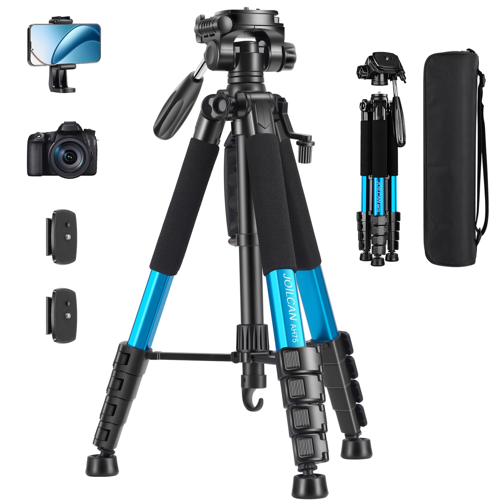 JOILCAN Camera Tripod for Canon Nikon, 74" Lightweight DSLR Tripod Camera Stand with Detachable Head and Universal Phone Mount, Reinforced Aluminum Tall Tripods for Vlog Live Streaming (Blue)