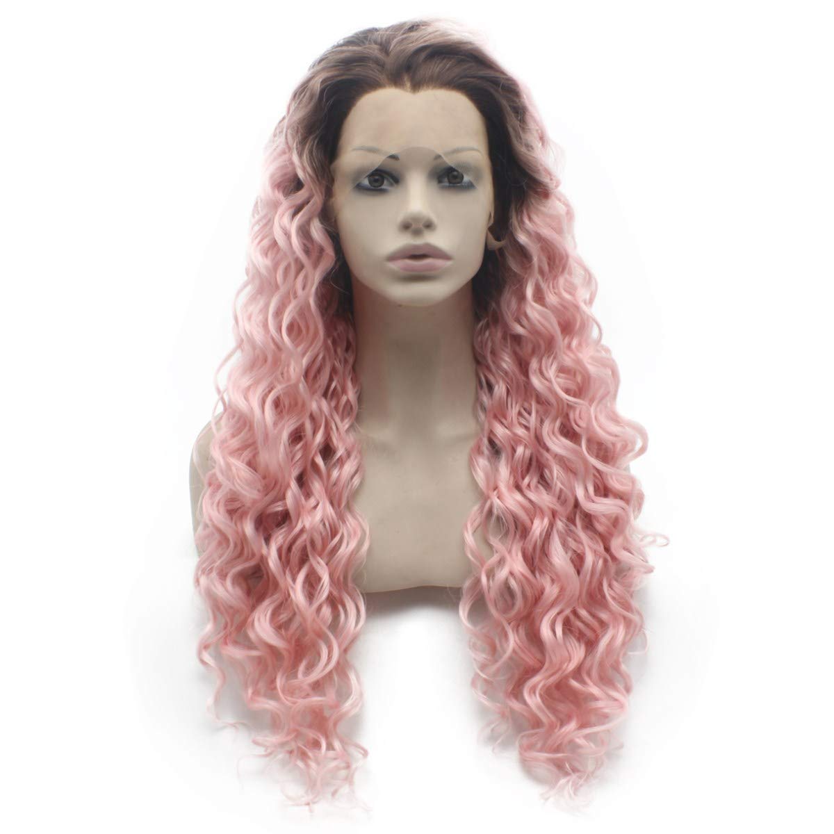 Long Curly Dark Root Pink Ombre Heat Resistant Fiber Hair Natural Synthetic Lace Front Wig