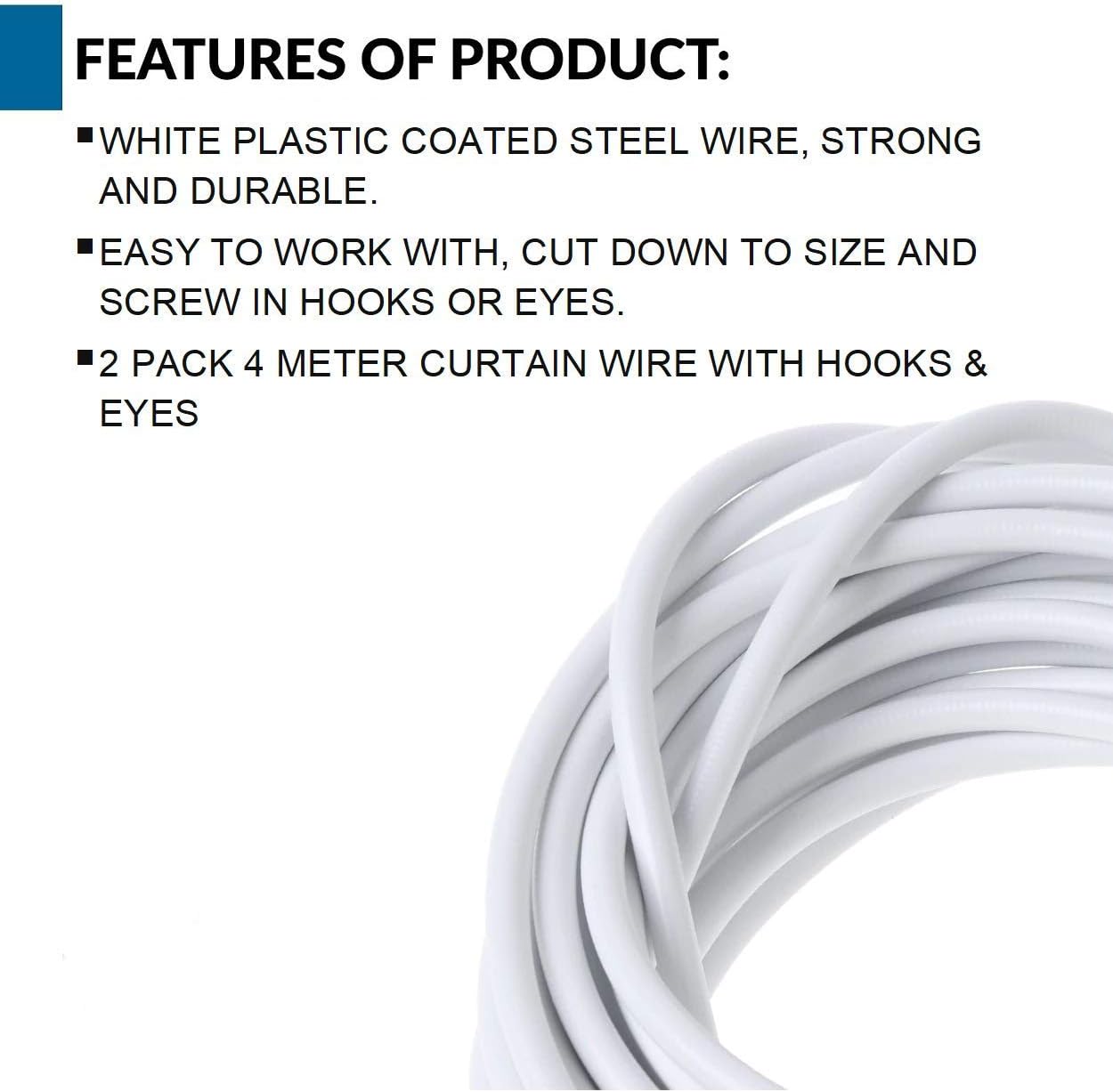 iPEAK Curtain Wire Net Curtain Wire Cord Cable with Hooks and Eyes, White (5 Meter), 5 Metre - Image 5