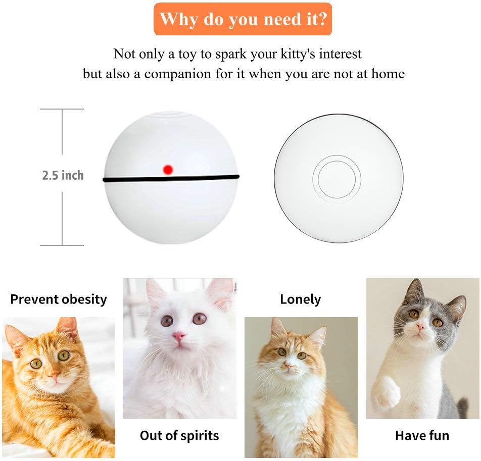 Pakoo Interactive Cat Toys Ball, Smart Automatic Rolling Kitten Toys, USB Rechargeable Motion Ball + Spinning Led Light with Timer Function, The Best Entertainment Exercise Gift for Your Kitty : Kitchen & Dining