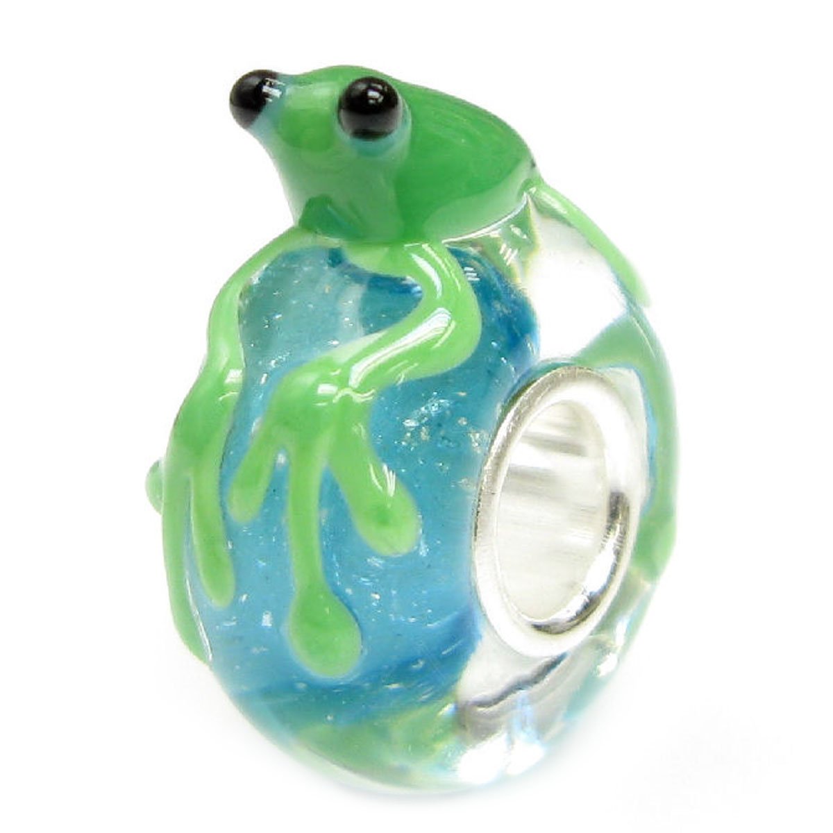 Queenberry Green Leaping Frog on Blue Water Glass with Sterling Silver Core European Bead Charm