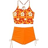 ShawGobow Floral Crop Tankini,2 Piece High Waisted Boy Shorts Swimsuits,Modest Bikini Sets for Women Beach Vacation