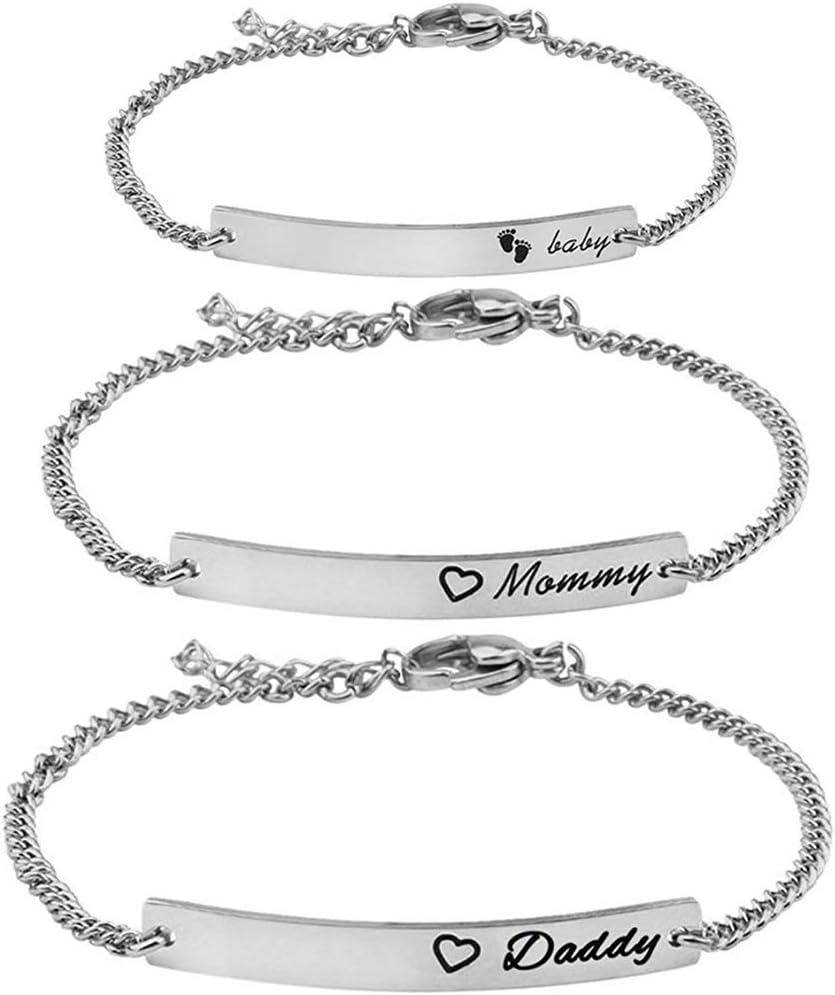 WUSUANEDSon&Daughter&Mommy Bracelet Baptism Bracelet Mom Daughter Bar Bracelet Set Gift for New Mom&Son&Daughter
