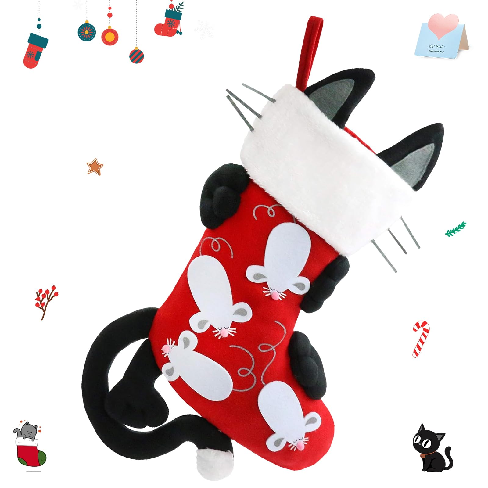 Houwsbaby Cat Christmas Stocking 3D Pet Holder Kitty Ornament Gift Bags for Pets Party Ornament, Red, 18''