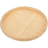 Veemoon Round Bamboo Woven Tray, 10inch Hand Weave Rattan Food Bowl Holder Farmhouse Rustic Bread Basket Bamboo Weaving Sieve Plate for Fruit Vegetables Bread Snacks Serving