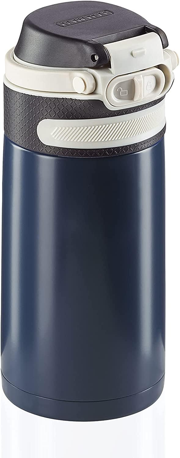 Leifheit Insulating Mug Flip 350ml, coffee mug 100% leak-proof, practical one-hand opening, drinking mug to go with fruit filter, keeps drinks hot for up to 6 hours, dark blue