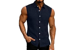 Button Down Shirt Men Summer Sleeveless Cotton Linen Tops Casual Collared Blouse Camis Business Work Muscle Tank Tops