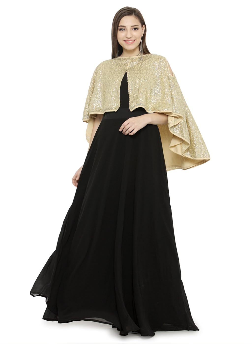 just wow black & golden poly georgette women's dress