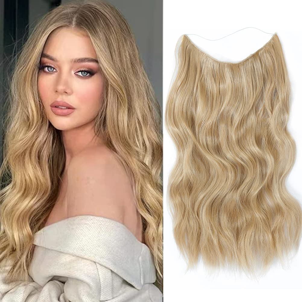 Ms TAj Honey Blonde Halo Hair Extensions Highlights 20 inch with Adjustable Size Removable Clips Invisible Secret Synthetic Curly Hairpiece for Women — image 1