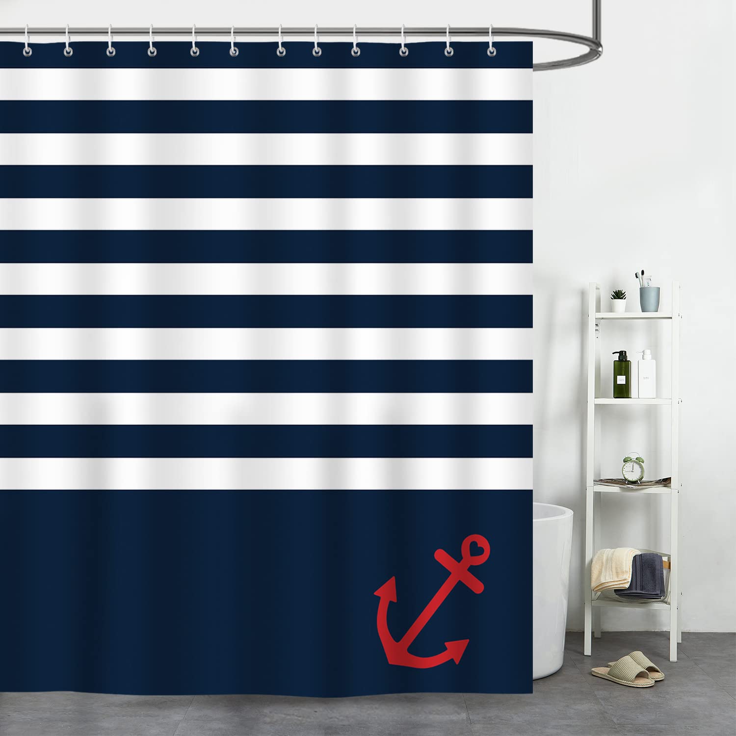 Bonhause Nautical Stripe Shower Curtain Navy Blue Anchor Bathroom Curtain 180 x 180 cm Waterproof Mildew & Mould Resistant Polyester Fabric Bath Curtain with 12 Hooks