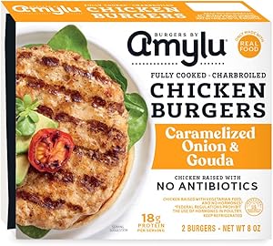 Amylu Foods Caramelized Onion & Gouda Chicken Burger, Natural Ingredients,18g of Protein, Chicken Raised with No Antibiotics,
