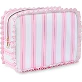 EMBRUNIOICE Stripe Ruffle Makeup Bag,Large Travel Cute Cosmetic Bag for Women Girls,Toiletry Bag Make up Organizer 11.8 x 4.7 x 9 inch (Pink Stripe)