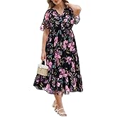 RITERA Plus Size Summer Dresses Short Sleeve V Neck Flowy Midi Dress Chiffon Boho Floral Beach Party Wedding Guest Dress