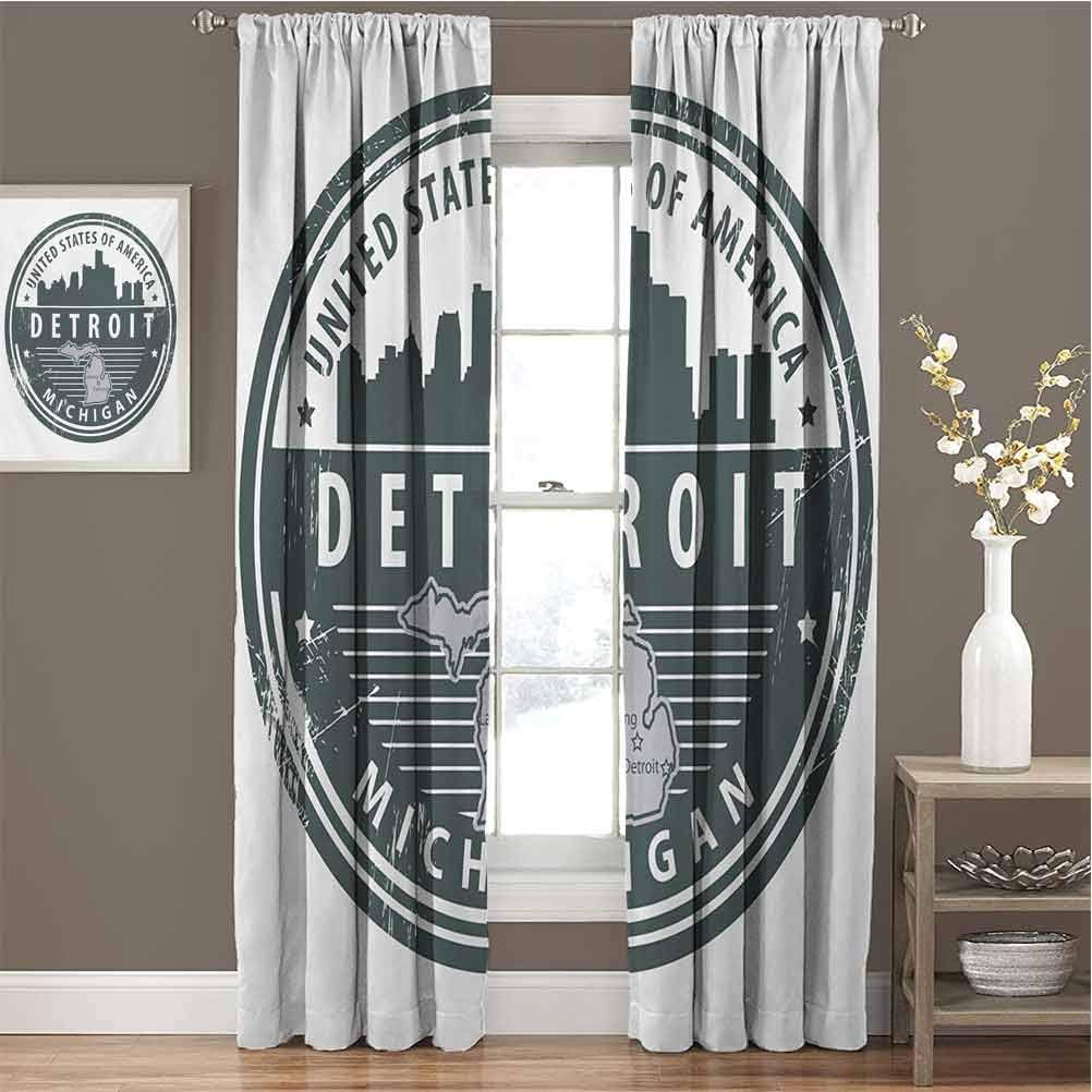 Detroit Room Darkened Curtain Damaged Old Stamp of Michigan USA with City Map Location Tourism Travel Icon Insulated Room Bedroom Darkened Curtains W72 x L96 Inch Black White Grey