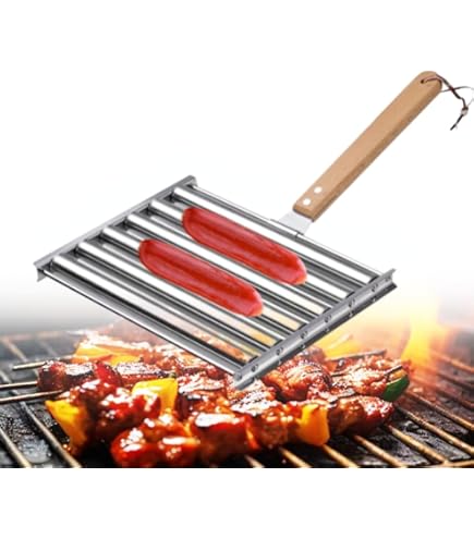 Commercial Machine, Barbecue Sausage Roller, Stainless Steel Hot Dog Griller With Extra Long Wooden Handle, 6 Rolls For 5 Hot Dogs, Evenly Cooked For