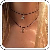 Sttiafay Layered Leather Choker Necklace Black Leather Moon Necklaces Gold Sun Moon Pendant Necklace Suede Cord Collar Necklaces Jewelry for Women