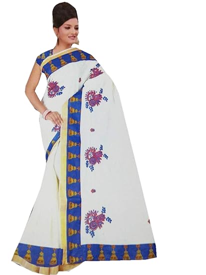Womens Designer Cotton Kerala Traditional Saree with Blue Border