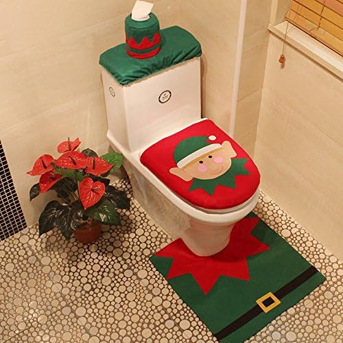 Christmas toilet set 3 pcs of toilet rug, toilet tank lid cover and toilet lid cover (Elf)